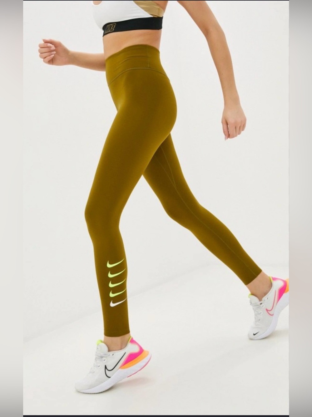 Nike Swoosh Run 7/8 Running Leggings Olive Volt Dri-FIT Size Small